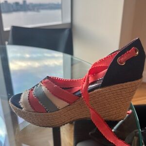 Red and Blue Espadrille Wedge Shoes